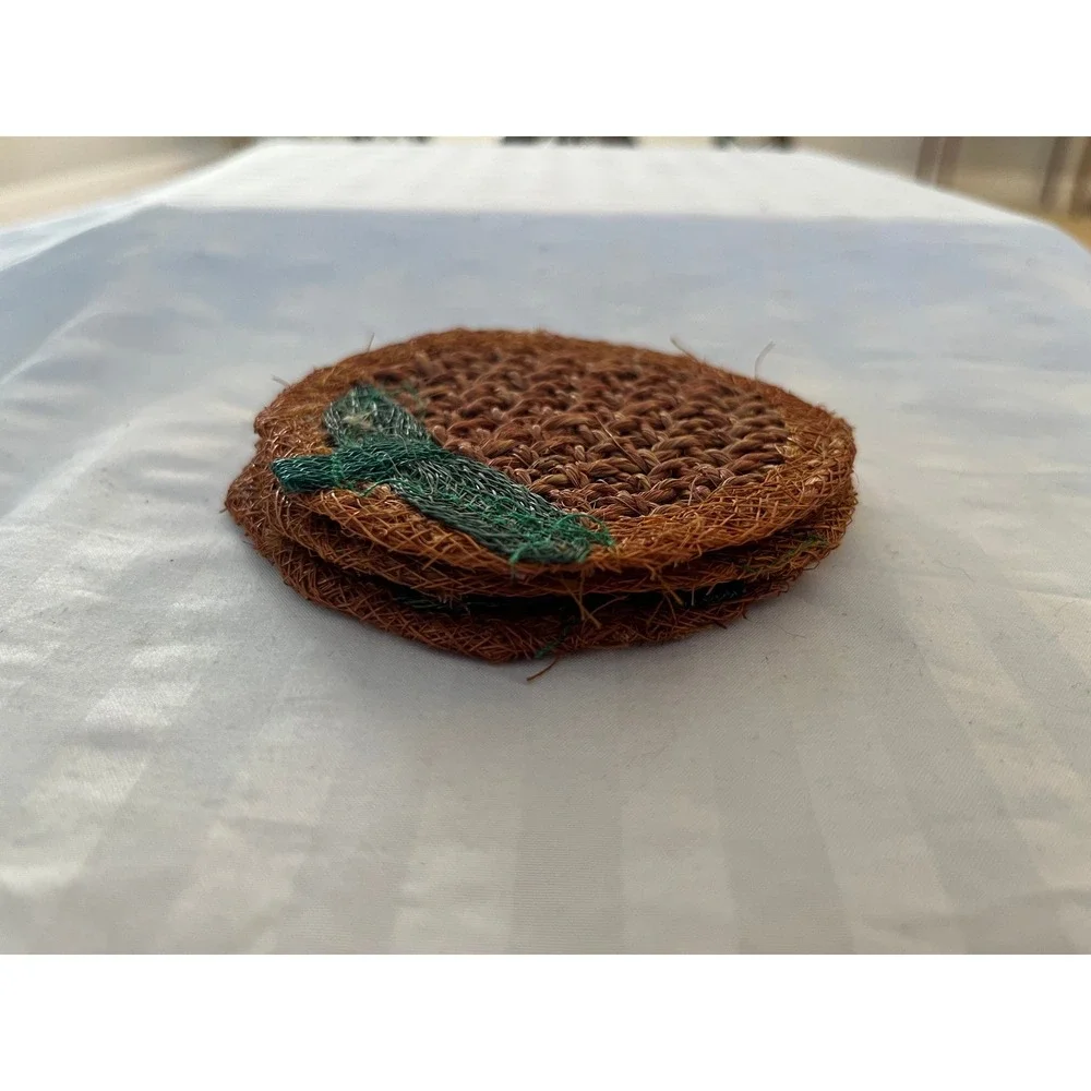Vtg 70s Woven Straw Coasters Set 3 Green Dragonfly Boho Tiki Decor